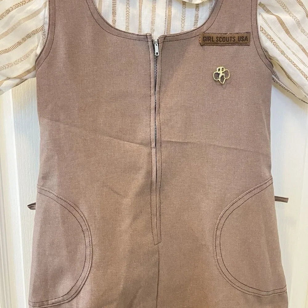 Vintage Girl Scouts Brownie Uniform Jumper Dress and Blouse Pin Set Girls Size 7
